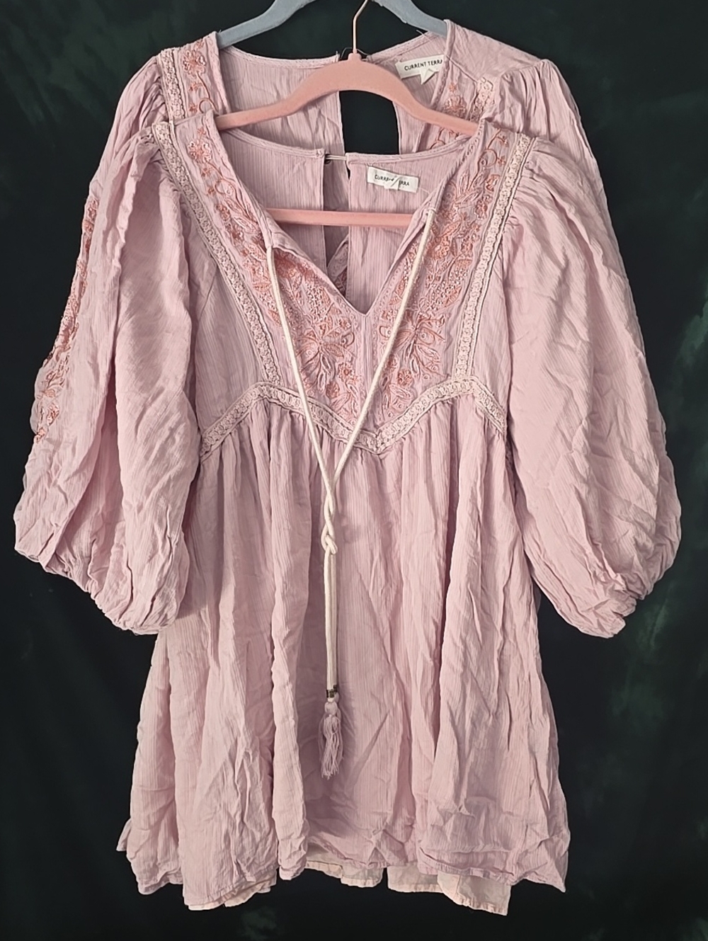 Current Terra Embroidered V-Neck Peasant Blouses - Dusty Pink